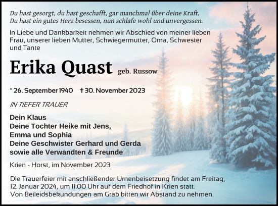 Traueranzeige von Erika Quast von Vorpommern Kurier