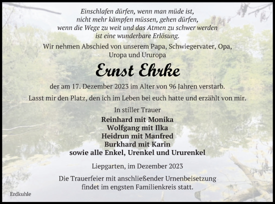 Traueranzeige von Ernst Ehrke von Haff-Zeitung