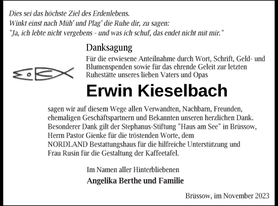 Traueranzeige von Erwin Kieselbach von Pasewalker Zeitung