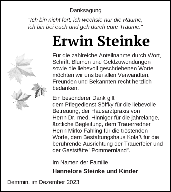 Traueranzeige von Erwin Steinke von Demminer Zeitung