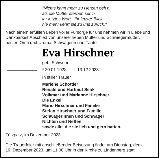 Traueranzeige von Eva Hirschner von Demminer Zeitung