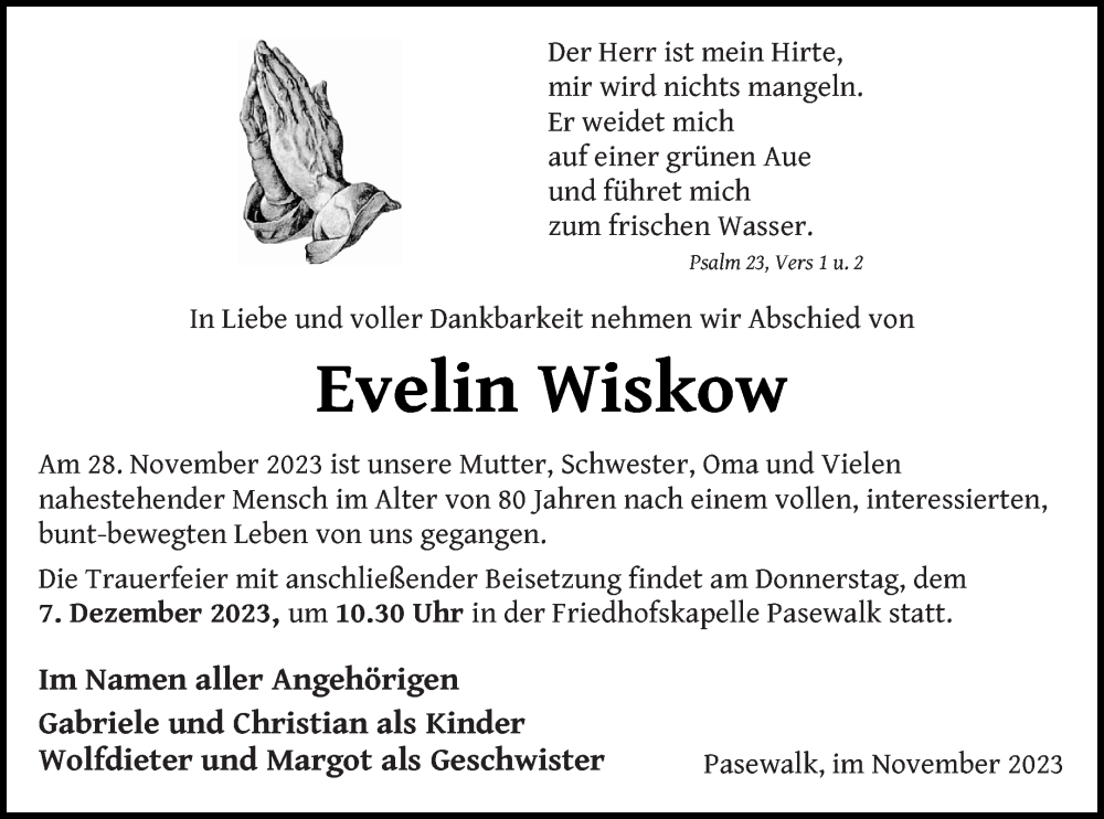  Traueranzeige für Evelin Wiskow vom 05.12.2023 aus Pasewalker Zeitung