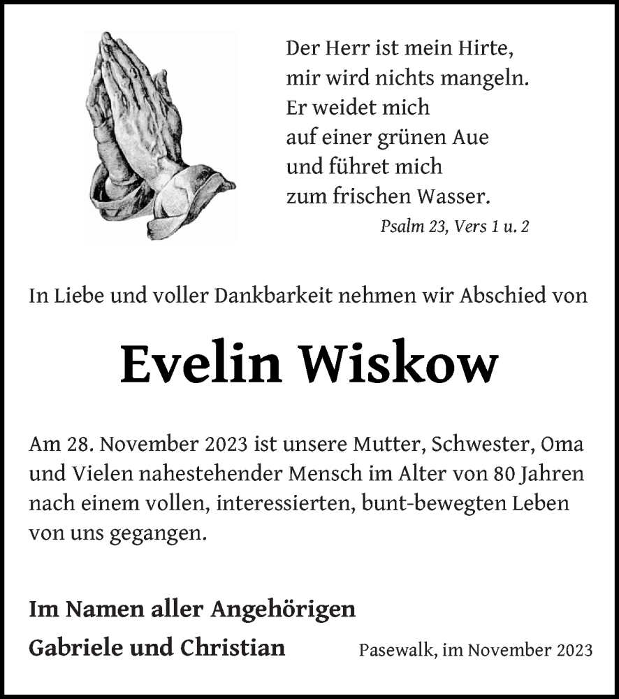  Traueranzeige für Evelin Wiskow vom 02.12.2023 aus Pasewalker Zeitung