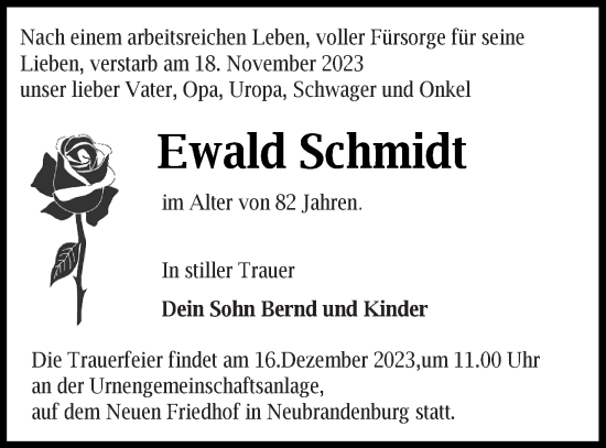 Traueranzeige von Ewald Schmidt von Neubrandenburger Zeitung