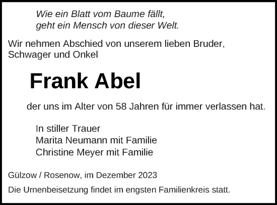 Traueranzeige von Frank Abel von Mecklenburger Schweiz