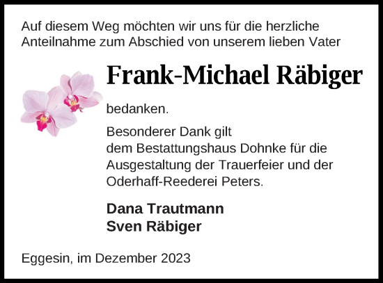 Traueranzeige von Frank-Michael Räbiger von Haff-Zeitung