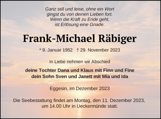 Traueranzeige von Frank-Michael Räbiger von Haff-Zeitung