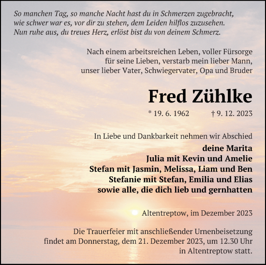 Traueranzeige von Fred Zühlke von Neubrandenburger Zeitung