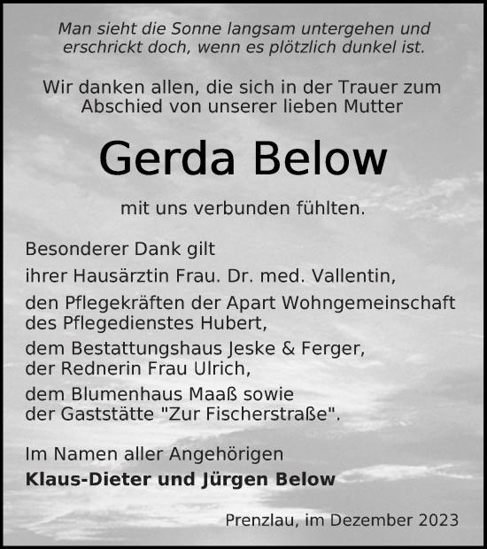 Traueranzeige von Gerda Below von Prenzlauer Zeitung