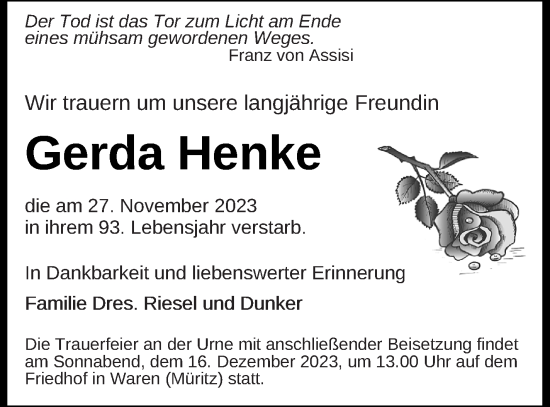 Traueranzeige von Gerda Henke von Müritz-Zeitung