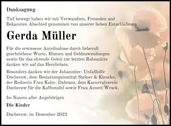 Traueranzeige von Gerda Müller von Vorpommern Kurier