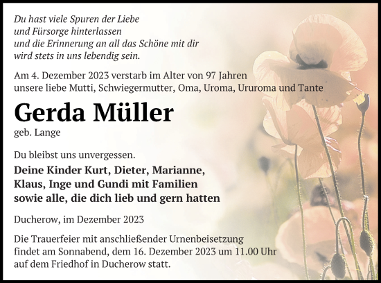 Traueranzeige von Gerda Müller von Haff-Zeitung