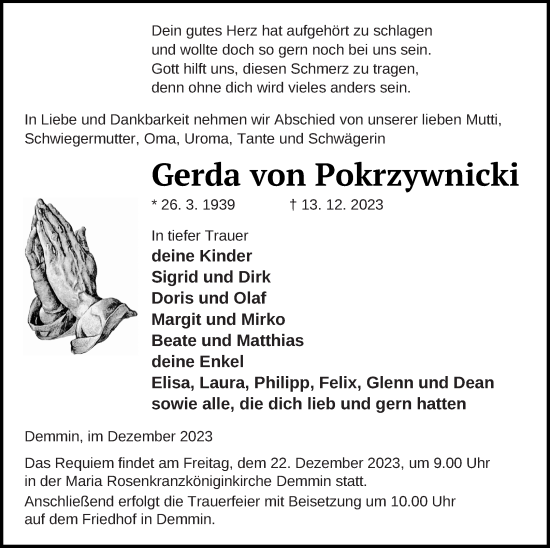 Traueranzeige von Gerda von Pokrzywnicki von Demminer Zeitung