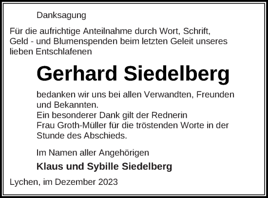 Traueranzeige von Gerhard Siedelberg von Templiner Zeitung