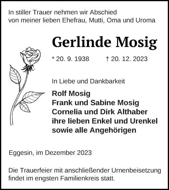 Traueranzeige von Gerlinde Mosig von Haff-Zeitung