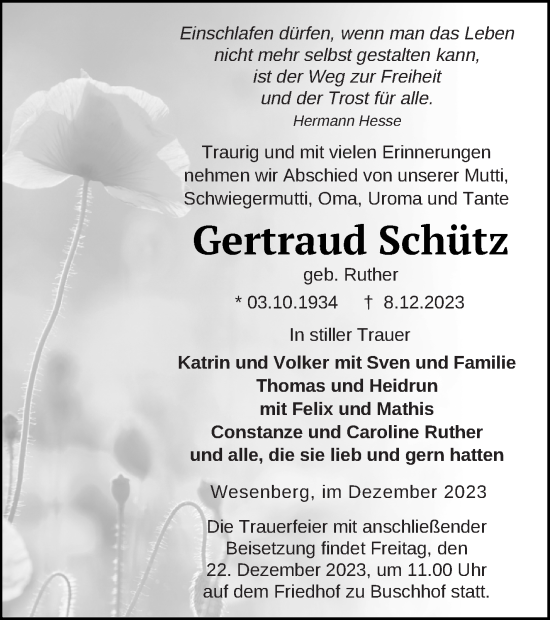 Traueranzeige von Gertraud Schütz von Müritz-Zeitung