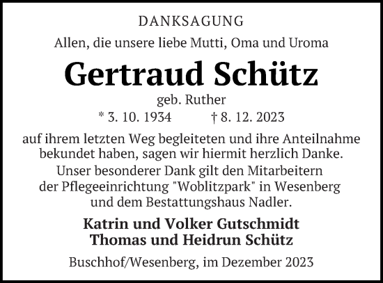 Traueranzeige von Gertraud Schütz von Müritz-Zeitung