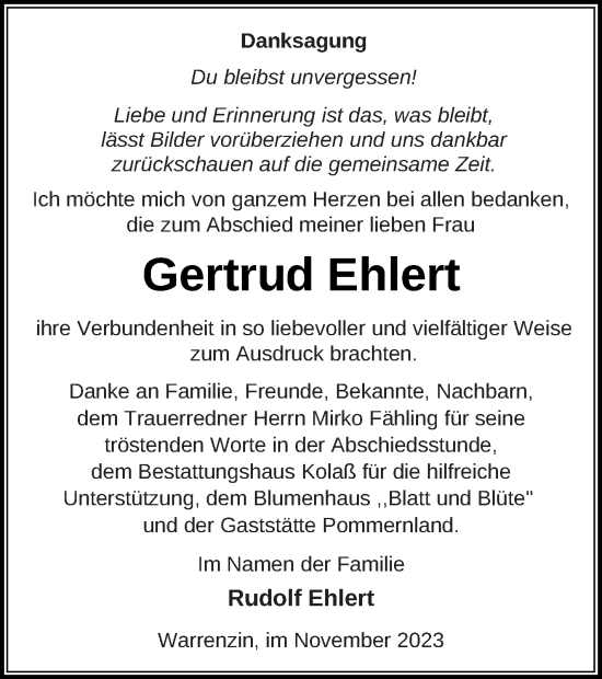 Traueranzeige von Gertrud Ehlert von Demminer Zeitung