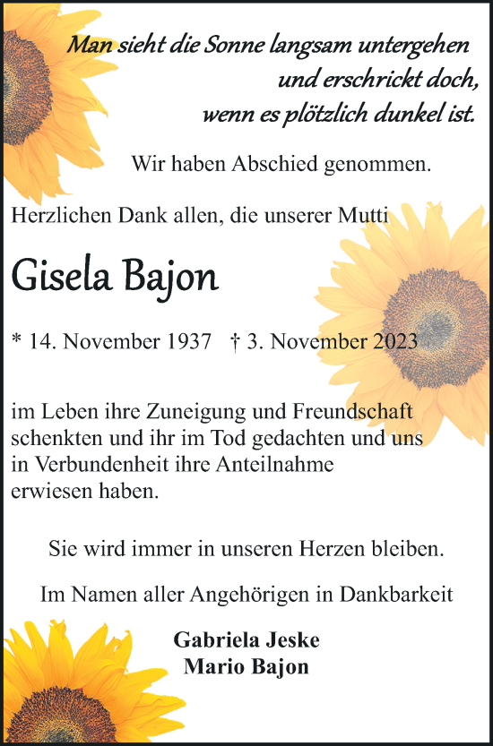 Traueranzeige von Gisela Bajon von Müritz-Zeitung