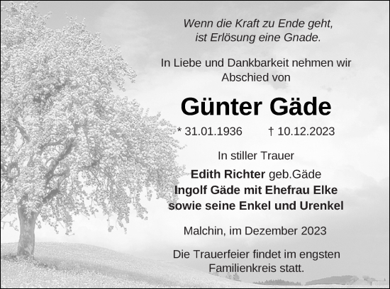 Traueranzeige von Günter Gäde von Mecklenburger Schweiz