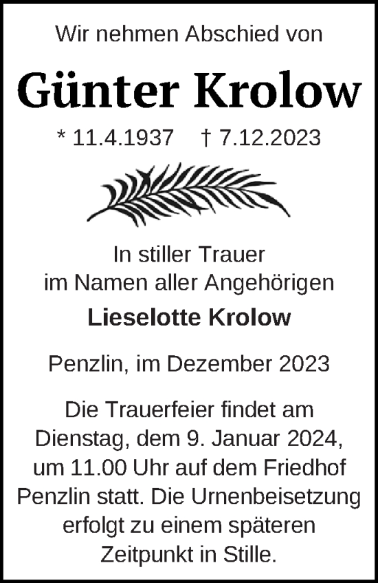 Traueranzeige von Günter Krolow von Müritz-Zeitung