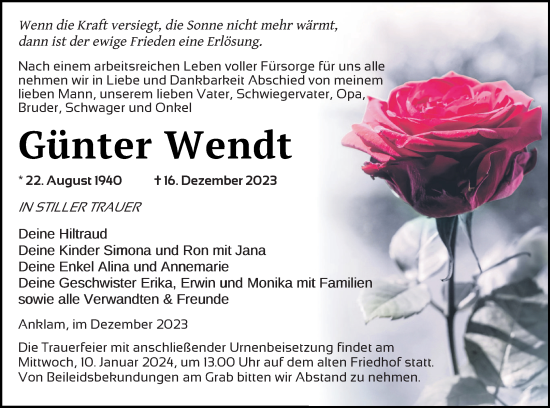 Traueranzeige von Günter Wendt von Vorpommern Kurier