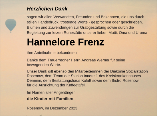 Traueranzeige von Hannelore Frenz von Demminer Zeitung