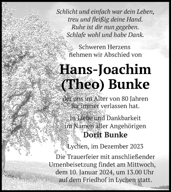 Traueranzeige von Hans-Joachim Bunke von Templiner Zeitung