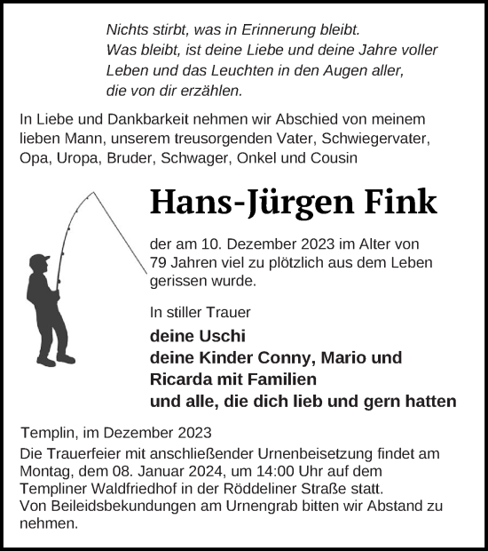 Traueranzeige von Hans-Jürgen Fink von Templiner Zeitung