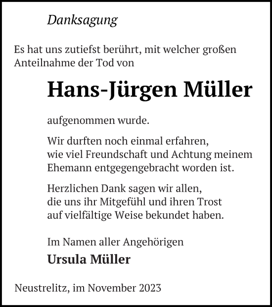 Traueranzeige von Hans-Jürgen Müller von Strelitzer Zeitung