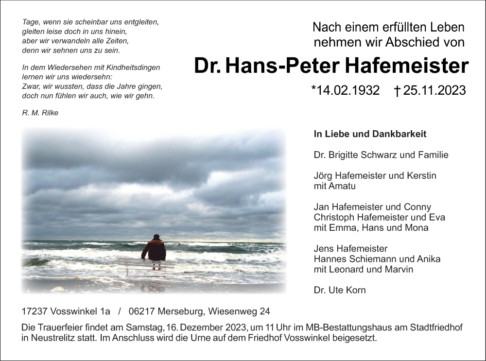  Traueranzeige für Hans-Peter Hafemeister vom 02.12.2023 aus Strelitzer Zeitung