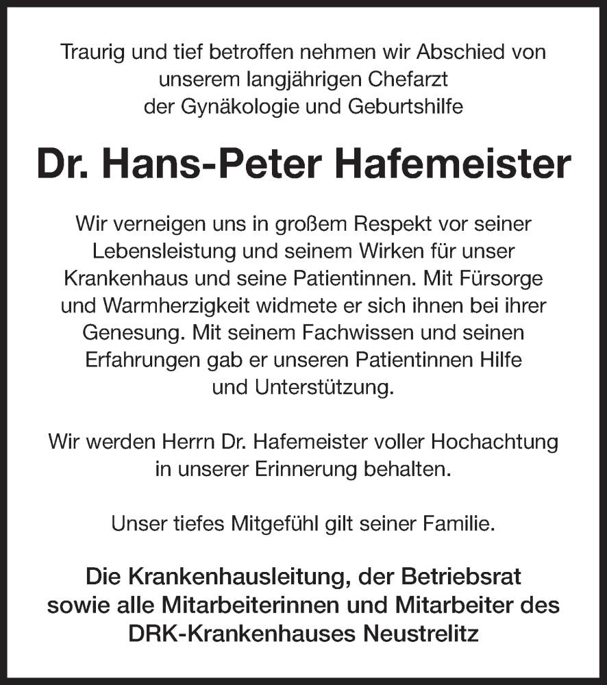  Traueranzeige für Hans-Peter Hafemeister vom 02.12.2023 aus Strelitzer Zeitung