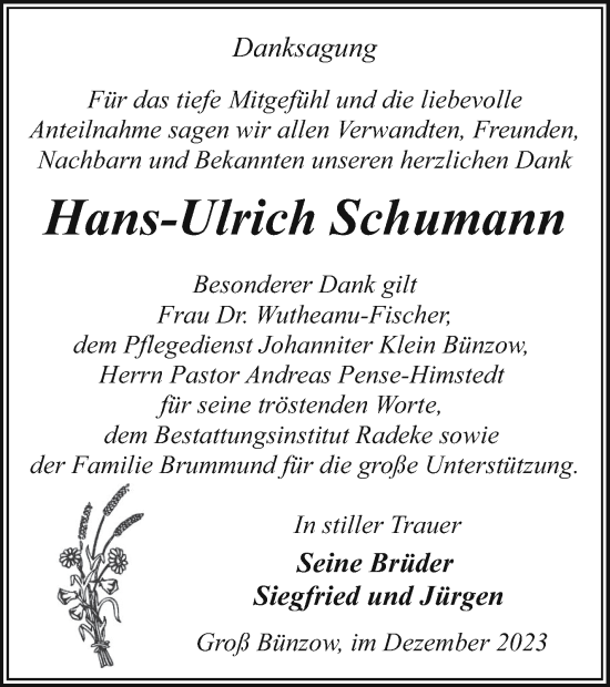 Traueranzeige von Hans-Ulrich Schumann von Vorpommern Kurier