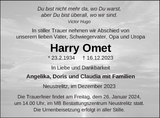 Traueranzeige von Harry Omet von Strelitzer Zeitung