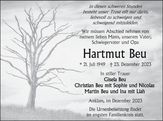Traueranzeige von Hartmut Beu von Vorpommern Kurier