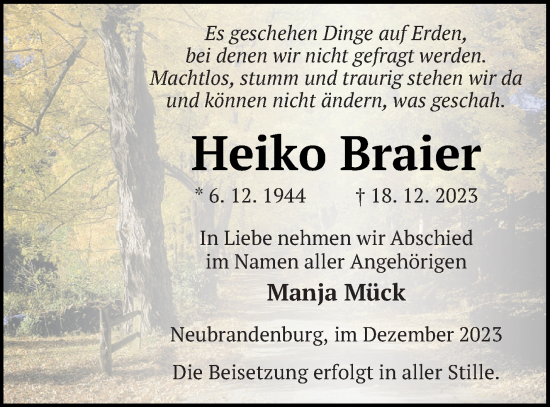 Traueranzeige von Heiko Braier von Neubrandenburger Zeitung