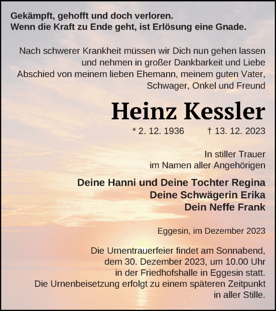 Traueranzeige von Heinz Kessler von Haff-Zeitung