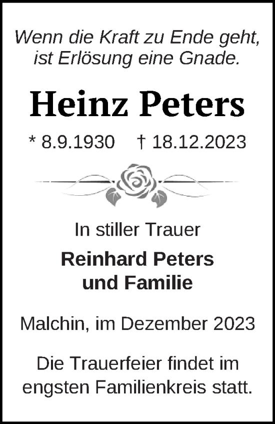 Traueranzeige von Heinz Peters von Mecklenburger Schweiz