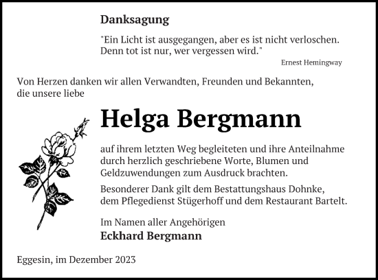 Traueranzeige von Helga Bergmann von Haff-Zeitung