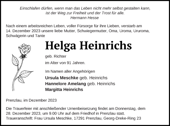 Traueranzeige von Helga Heinrichs von Prenzlauer Zeitung