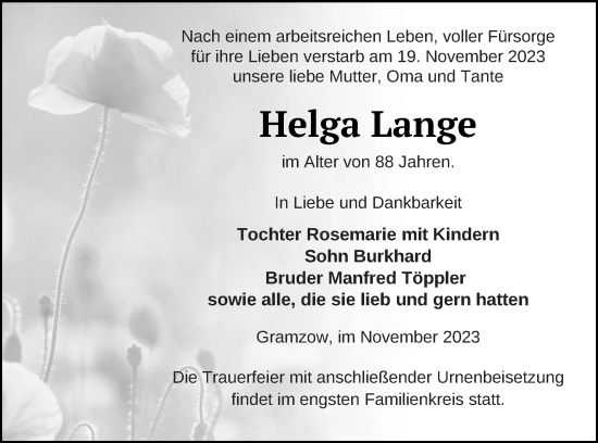 Traueranzeige von Helga Lange von Prenzlauer Zeitung