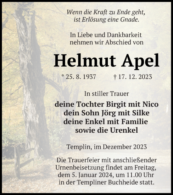 Traueranzeige von Helmut Apel von Templiner Zeitung