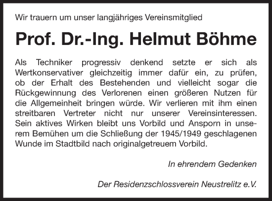 Traueranzeige von Helmut Böhme von Strelitzer Zeitung