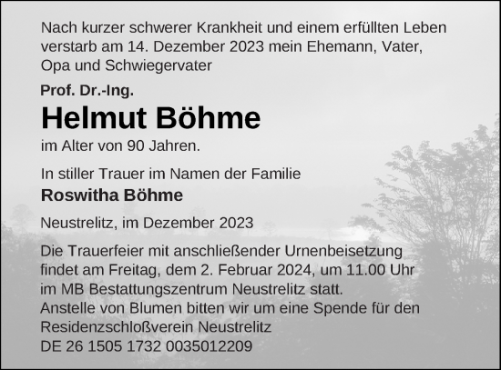 Traueranzeige von Helmut Böhme von Strelitzer Zeitung