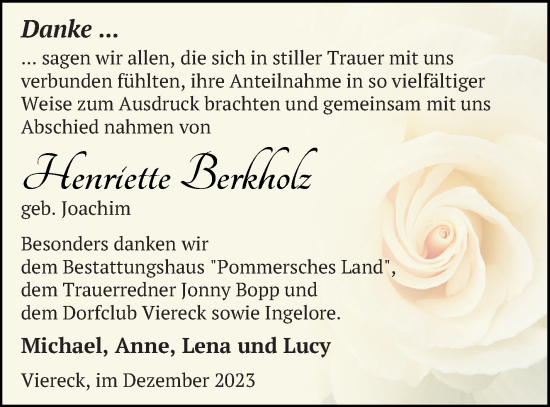 Traueranzeige von Henriette Berkholz von Pasewalker Zeitung