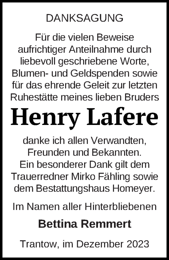 Traueranzeige von Henry Lafere von Vorpommern Kurier