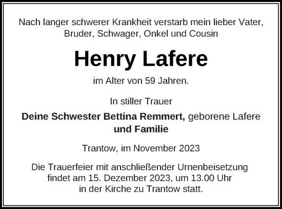 Traueranzeige von Henry Lafere von Vorpommern Kurier