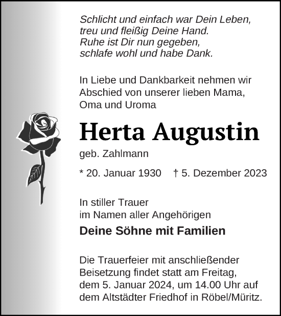 Traueranzeige von Herta Augustin von Müritz-Zeitung