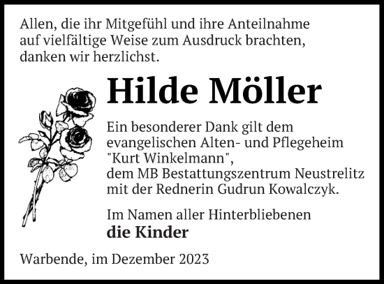 Traueranzeige von Hilde Möller von Strelitzer Zeitung
