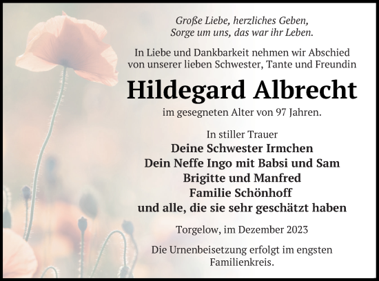 Traueranzeige von Hildegard Albrecht von Haff-Zeitung